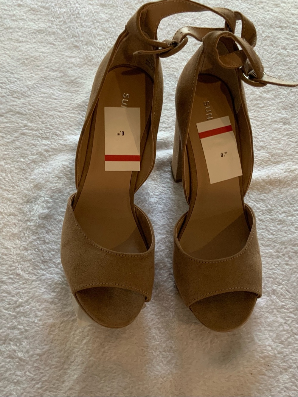 Suede Ankle-Tie Peep-Toe Heels in Brown - Women's size 7 new. SKU 3184